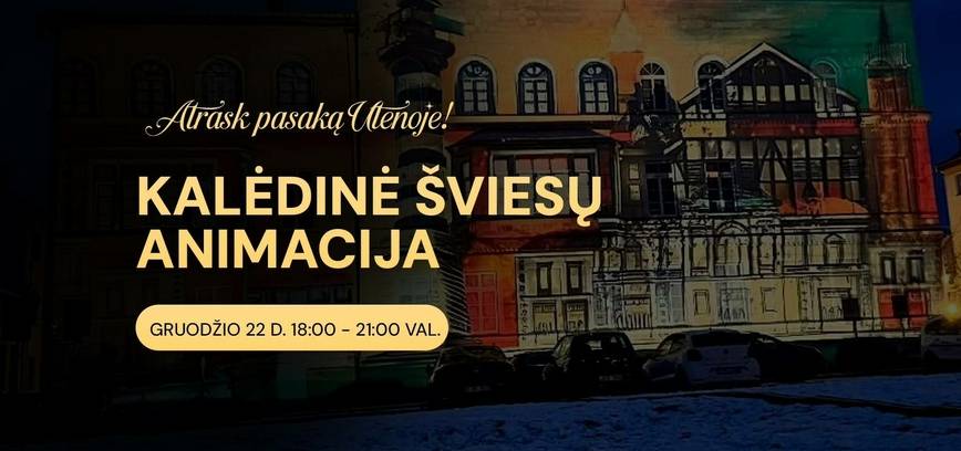 Kalėdinė šviesų animacija ant Utenos kultūros centro fasado
