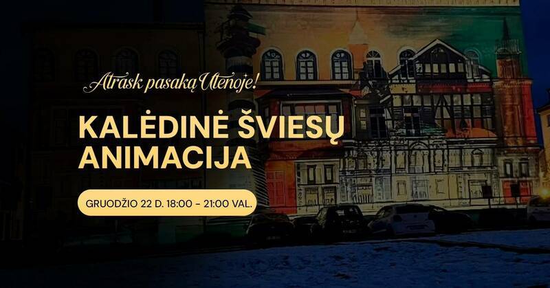 Kalėdinė šviesų animacija ant Utenos kultūros centro fasado