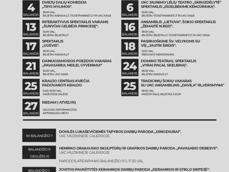 Balandžio mėnesio renginiai Utenos kultūros centre